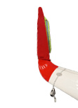 A red and white object with a white cord attached. Description generated by AI